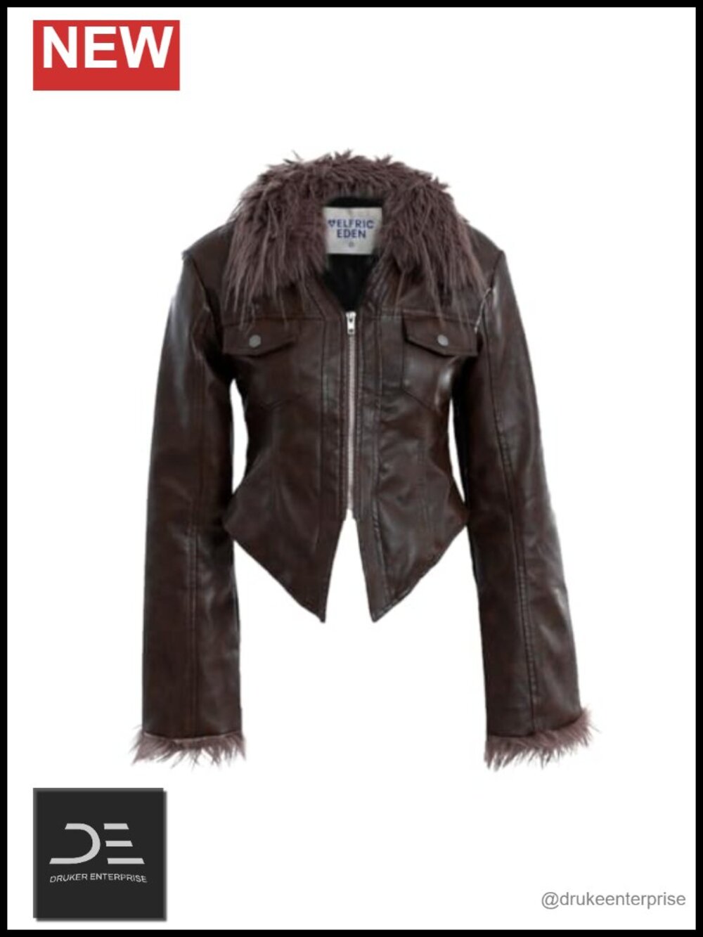 Faux Leather Jacket Furry Paneled Two-Way Zipper Vintage Style Coat